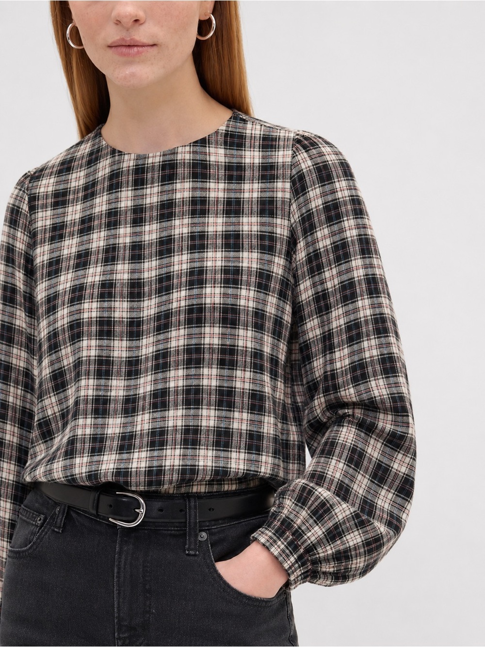 Zara Basic black and white plaid checkered blouse